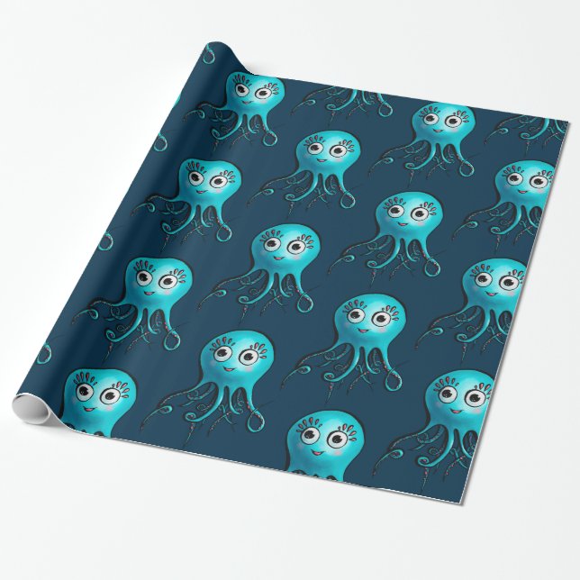 Cute Blue Octopus - Kawaii Cartoon Sea Animal Wrapping Paper (Unrolled)