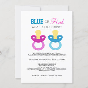 Cute Blue or Pink Pacifier Gender Reveal Party Invitation