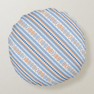 Cute blue orange Aztec Tribal Motif Pattern Round Cushion