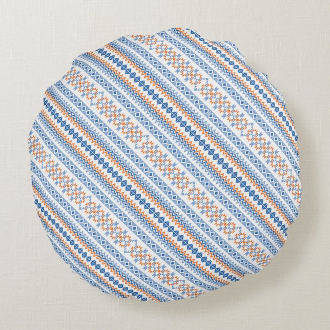Cute blue orange Aztec Tribal Motif Pattern Round Cushion (Back)