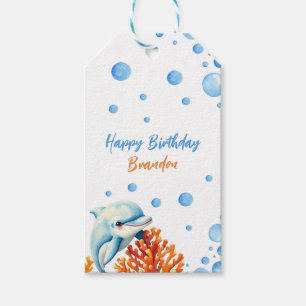 Cute Blue & Orange Coral Dolphin Kids Birthday Gift Tags
