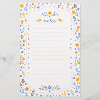 Cute Blue Orange Floral Stationery Paper