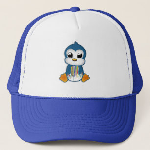 Cute blue orange penguin trucker hat