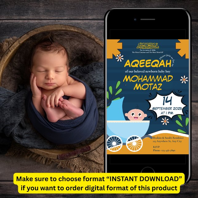 Cute Blue Orange Stroller Baby Boy Muslim Aqeeqah Invitation (Creator Uploaded)