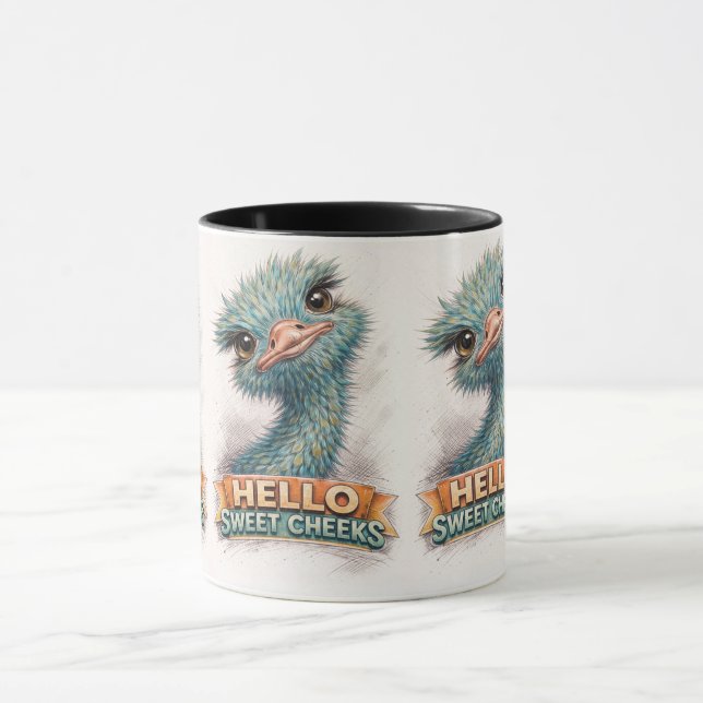Cute Blue Ostrich Sketch – “Hello Sweet Cheeks” Fu Mug (Center)