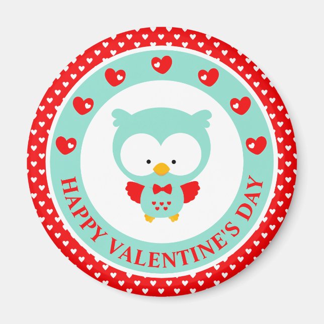 Cute Blue Owl and Hearts Valentine's Day Magnet (Front)