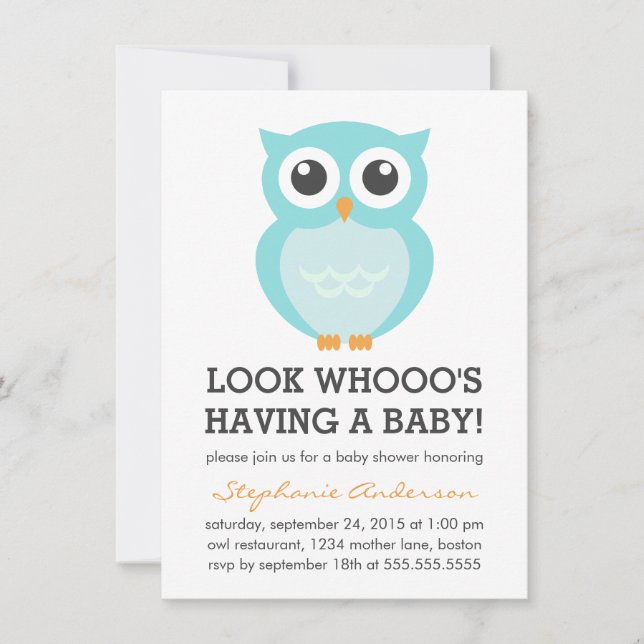 Cute Blue Owl Boy Baby Shower Invitations (Front)