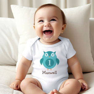 Cute Blue Owl Boy Name First Birthday Party Baby Bodysuit