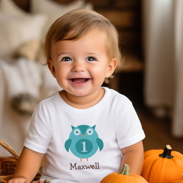 Cute Blue Owl Boy Name First Birthday Party Baby T-Shirt (Creator Uploaded)