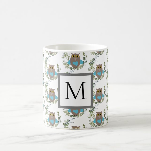 Cute Blue Owl Eucalyptus Monogram  Coffee Mug (Center)