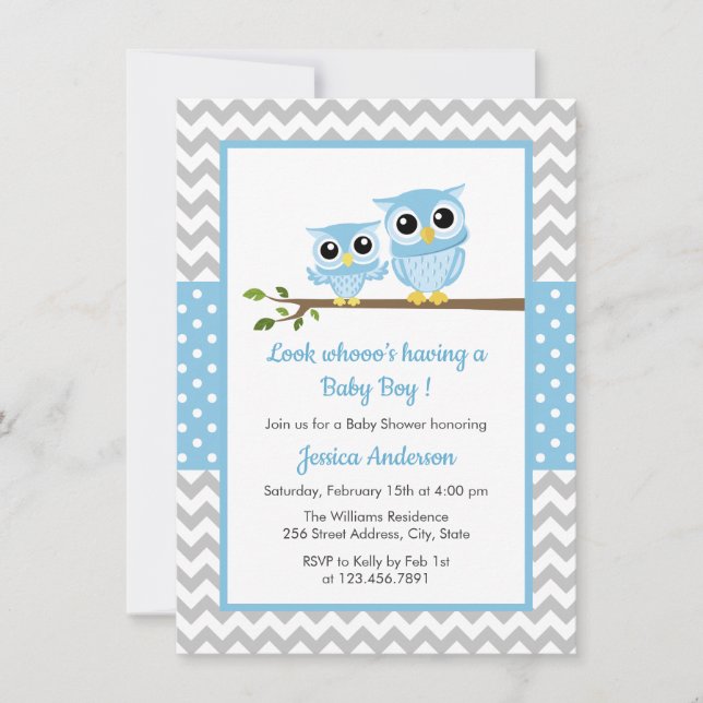 Cute Blue Owl Grey Chevron Boy Baby Shower Invitation (Front)