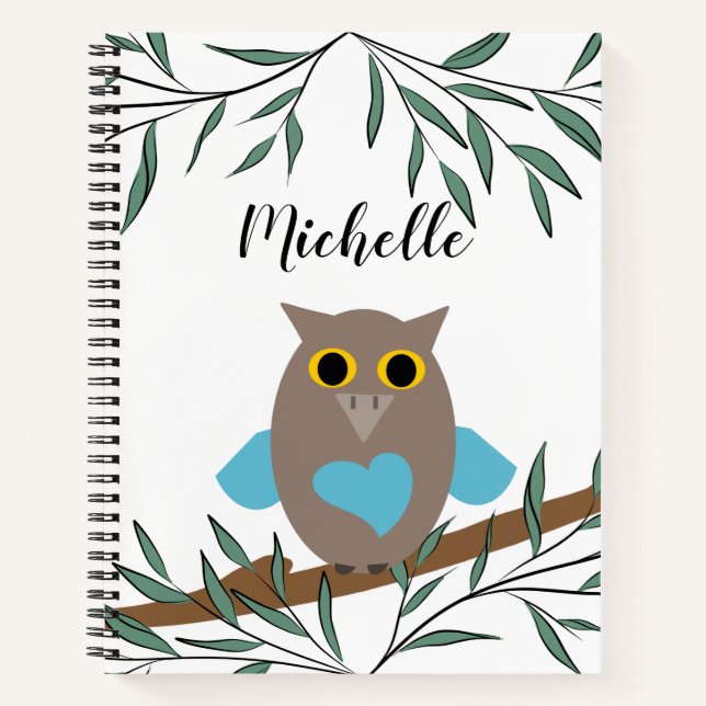Cute Blue Owl Name  Notebook (Front)