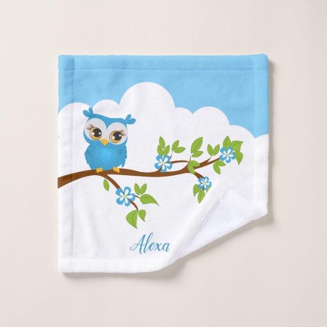 Cute blue owl on a branch bath towel set (Wash Cloth)
