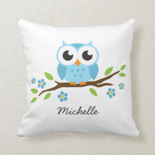 Cute blue owl on floral branch personalised name cushion