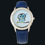 Cute Blue Owl Watch<br><div class="desc">Stylish custom watch features a sweet vector illustration of an owl perched on a tree branch on a polka dots pattern background.  Babystar Design at mygrafico.com</div>