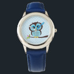 Cute Blue Owl Watch<br><div class="desc">Stylish custom watch features a sweet vector illustration of an owl perched on a tree branch on a polka dots pattern background.  Babystar Design at mygrafico.com</div>