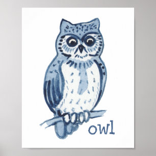 Cute Blue Owl Watercolor Animal Nature Wildlife Poster