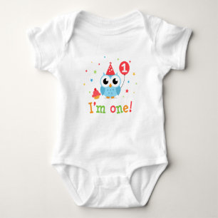 Cute, blue owl with balloon and cupcake I am one Baby Bodysuit