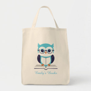 Cute blue owl with book personalised library book tote bag