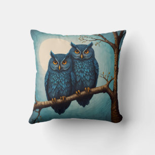 Cute blue Pair of Owls sitting on a branch  Cushion