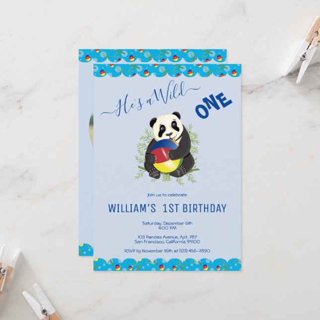 Cute Blue Panda Bear Wild One 1st Birthday Photo I Invitation (Front/Back In Situ)