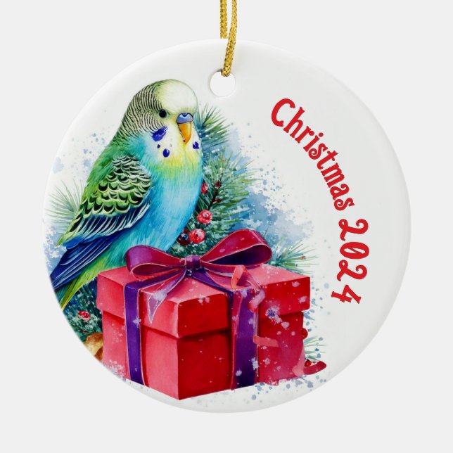 Cute Blue Parakeet and Christmas Gift Ceramic Ornament (Front)