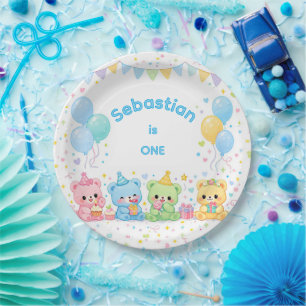 Cute Blue Pastel Baby Bears Birthday Party Paper Plate