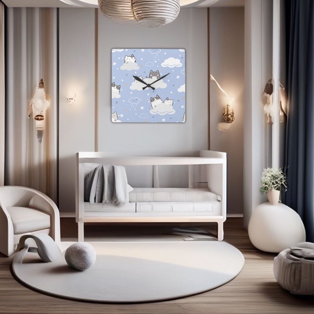 Cute Blue Pattern Kitten Cloud    Square Wall Clock (Cute Pattern Kitten Blue Square Wall Clock)