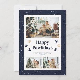 Cute Blue Paw Prints Snow Photo Happy Pawlidays Holiday Card