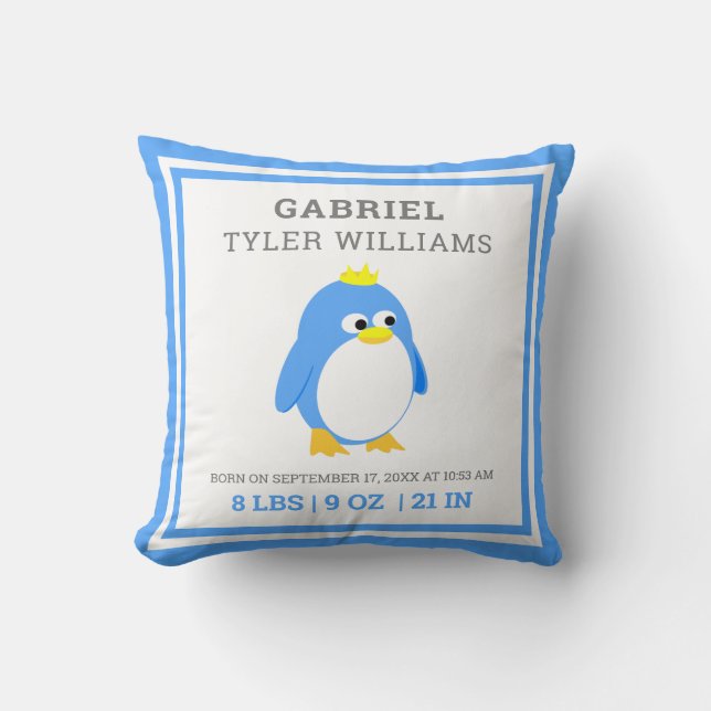 Cute Blue Penguin Baby Boy Birth Stats Cushion (Front)