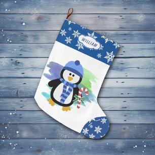 Cute Blue Penguin Candy Cane Large Christmas Stocking
