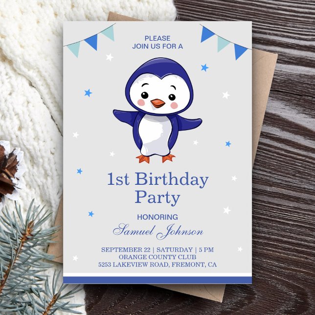 Cute Blue Penguin First 1st Birthday Party Invitation (Creator Uploaded)