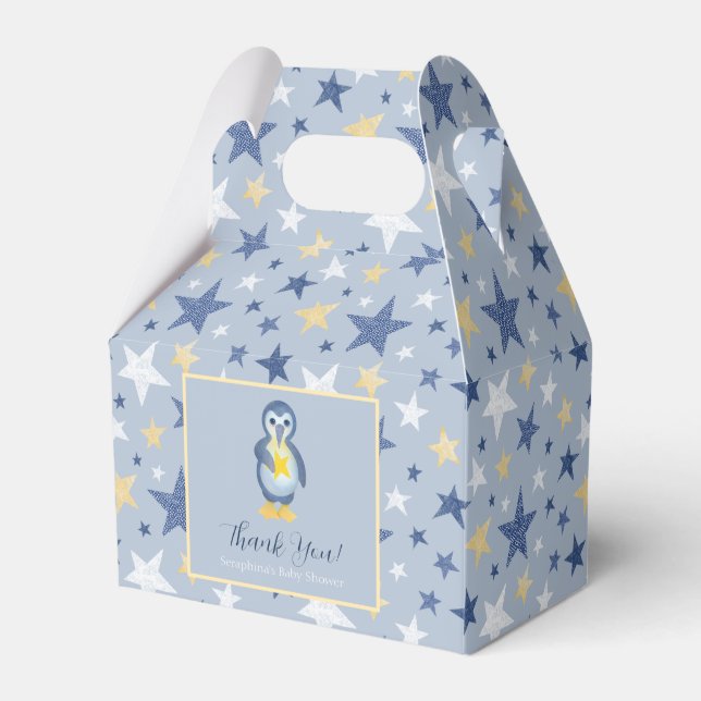 Cute Blue Penguin Stars Thank You Baby Shower Favour Box (Front Side)