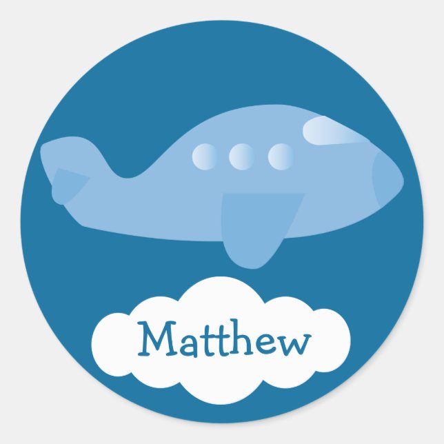 Cute Blue Personalised Plane & Cloud Stickers (Front)