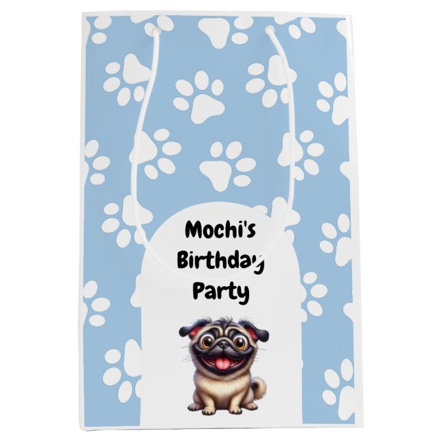 Cute Blue Pet Pug Birthday Party Medium Gift Bag (Front)