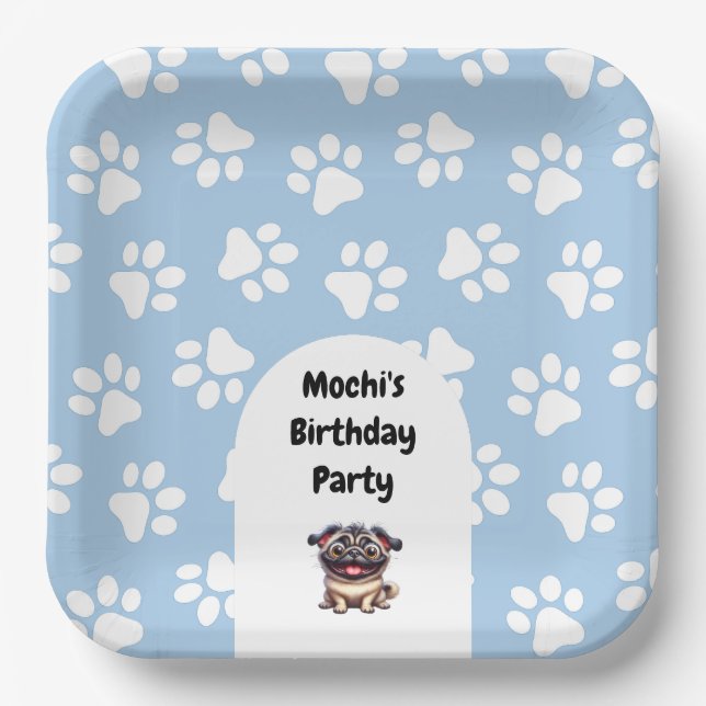 Cute Blue Pet Pug Birthday Party Paper Plate (Front)