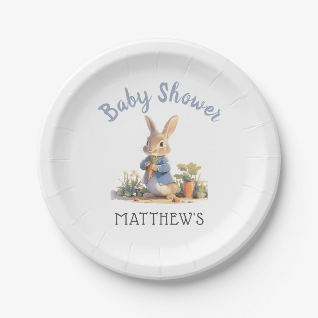 Cute Blue Peter The Rabbit Boy Baby Shower Paper Plate (Front)