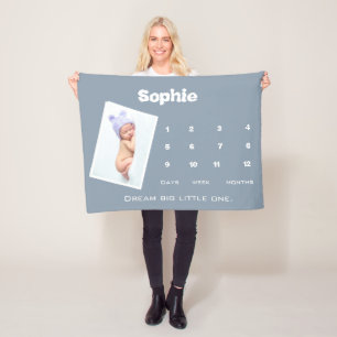 Cute Blue Photo Milestone Name Personalised Baby Fleece Blanket