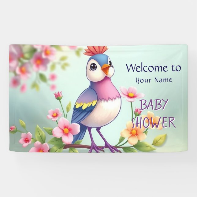 Cute Blue Pink Bird Floral Baby Shower Banner (Horizontal)