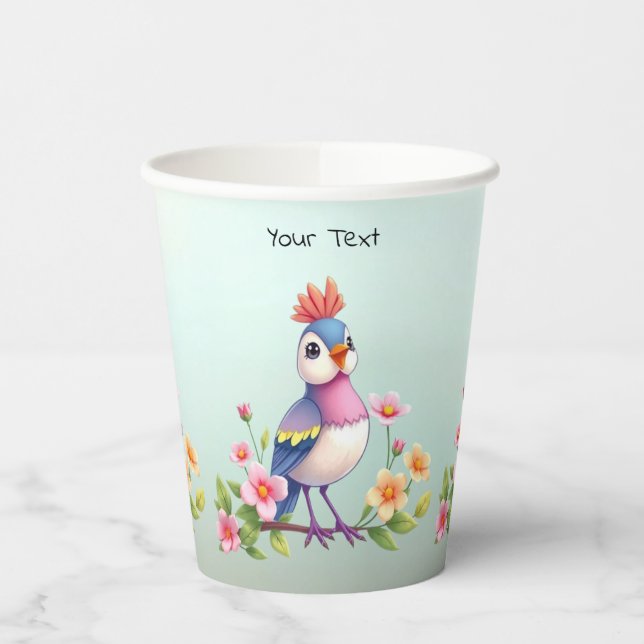 Cute Blue Pink Bird Floral Paper Cups (Left)