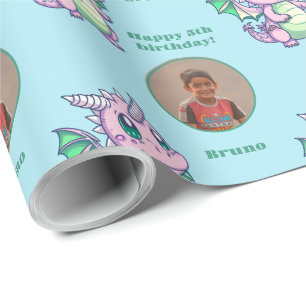 Cute Blue Pink Chibi Dragon Custom Photo Text Wrapping Paper