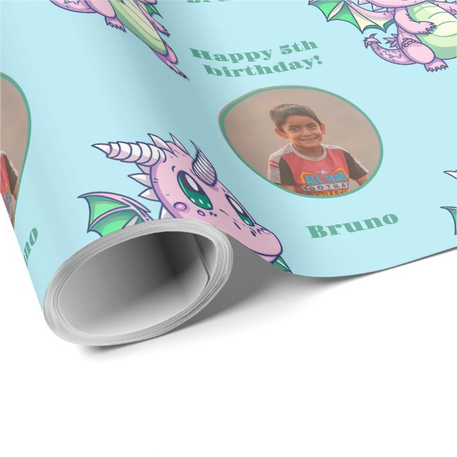 Cute Blue Pink Chibi Dragon Custom Photo Text Wrapping Paper (Roll Corner)
