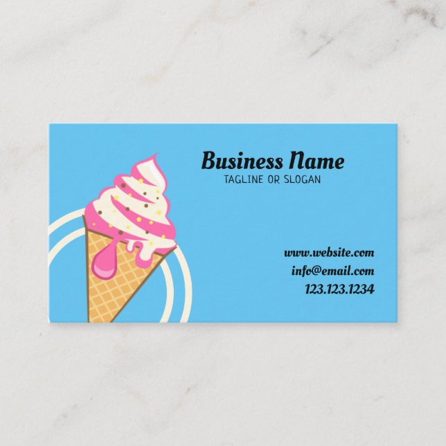 Cute Blue & Pink Cone Sprinkles Ice Cream Shop Business Card (Front)