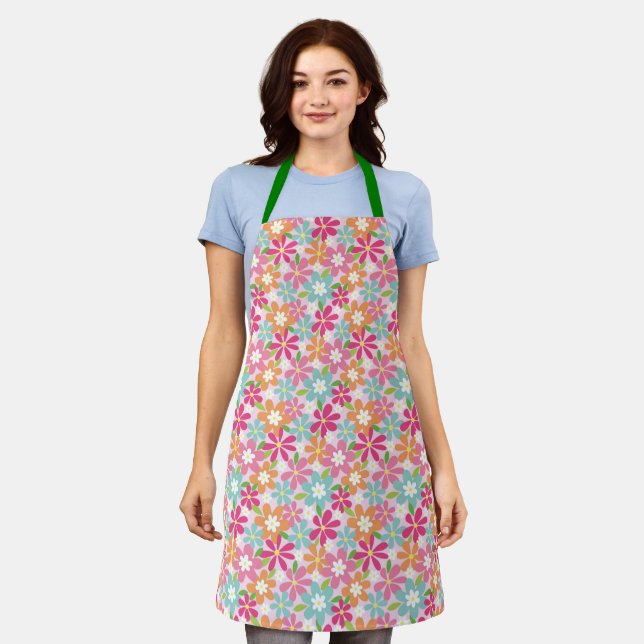 Cute Blue Pink Floral Apron, Kitchen Apron for Mum (Worn)