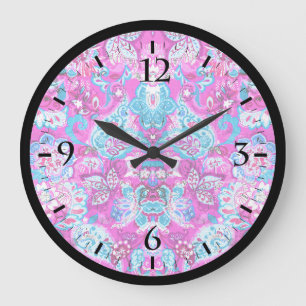 Cute blue pink flowers everybody large clock