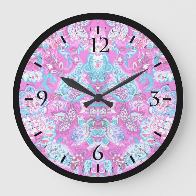 Cute blue pink flowers everybody large clock (Front)