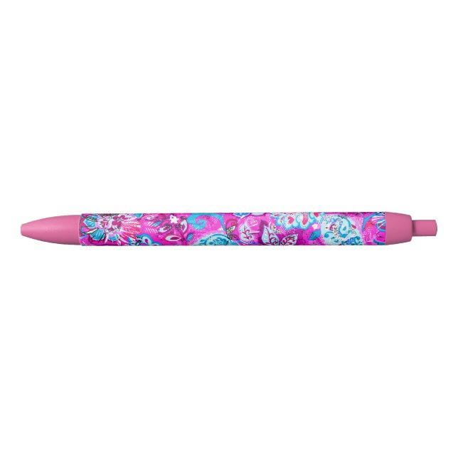 Cute blue pink flowers patterns black ink pen (Front)