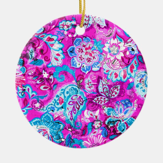 Cute blue pink flowers patterns ceramic ornament (Front)