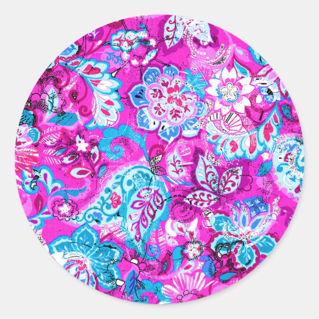 Cute blue pink flowers patterns classic round sticker (Front)