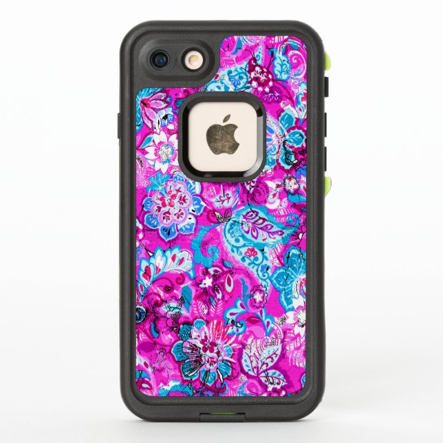 Cute blue pink flowers patterns LifeProof iPhone case (Back)